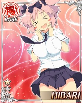 &gt;_&lt; +_+ 1girl :d black_ribbon blue_eyes blue_necktie blue_shirt blush bow breasts buruma closed_eyes flower-shaped_pupils game_cg hair_bow hanzou_academy_school_uniform hibari_(senran_kagura) highres jumping large_breasts necktie non-web_source official_alternate_costume official_art open_mouth pink_hair pink_pupils ribbon school_uniform senran_kagura senran_kagura_new_wave shirt short_twintails smile symbol-shaped_pupils twintails