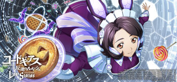 1girl alternate_costume apron brown_eyes brown_hair candy code_geass code_geass:_lost_stories commentary_request enmaided f4samurai food halloween highres maid maid_apron maid_headdress official_art shinozaki_sayoko short_hair solo white_apron