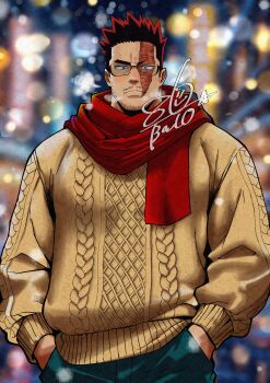 Rule 34 | 1boy, absurdres, balo dqx ff14, bara, blue eyes, boku no hero academia, brown sweater, commentary request, endeavor (boku no hero academia), glasses, green pants, hands in pockets, highres, looking at viewer, male focus, open mouth, pants, red hair, red scarf, scar, scar across eye, scar on face, scarf, signature, snowing, spiked hair, steam, sweater