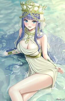 1girl amyu_(amm_asl_pa) bare_legs belt blue_eyes blue_hair blunt_bangs blush breasts chain chain_necklace cleavage cleavage_cutout clothing_cutout commentary criss-cross_straps crown dress english_commentary feet_out_of_frame gold_belt gold_bracer gold_chain gold_crown greco-roman_clothes hair_spread_out highres hololive hololive_english jewelry long_hair looking_at_viewer lying medium_breasts necklace official_alternate_costume official_alternate_hairstyle on_side open_mouth ouro_kronii ouro_kronii_(goddess) partially_submerged sidelocks sleeveless sleeveless_dress smile solo twitter_username veil very_long_hair virtual_youtuber water white_dress white_veil