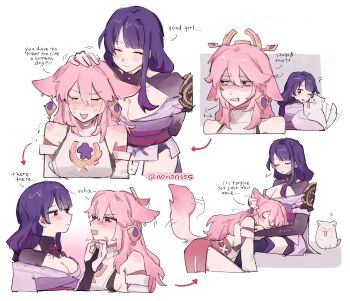 Rule 34 | 2girls, ?, animal ear piercing, animal ears, annoyed, artist name, blunt bangs, blush, braid, breasts, cat, cleavage, clenched teeth, collarbone, commentary, confused, couple, detached sleeves, english commentary, english text, fox ears, fox girl, fox tail, genshin impact, hair between eyes, headpiece, highres, japanese clothes, jealous, jewelry, kimono, large breasts, leaning forward, lingerie, long sleeves, lying on person, mole, mole under eye, multiple girls, nonons, pendant, pink hair, purple eyes, purple hair, purple kimono, raiden shogun, shaded face, shoulder blush, tail, tail wagging, teeth, twitter username, underwear, upper body, wide sleeves, yae miko, yuri