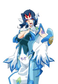 Rule 34 | 1girl, blue hair, bodysuit, breasts, cleavage, corruption, dark persona, detached sleeves, eyeshadow, game cg, gan-chan (artist), hishidou aiko, hitozuma sentai aisaiger, large breasts, lipstick, makeup, non-web source, official art, open mouth, pelvic curtain, purple lips, red eyes, short hair, solo, tail, tattoo, transparent background, variant set