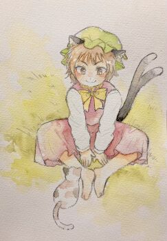 1girl barefoot between_legs cat chen from_above full_body hand_between_legs highres hijiki_(hijiri_st) knees_apart_feet_together looking_at_animal nekomata short_hair sitting slit_pupils smile solo touhou traditional_media v-shaped_eyebrows