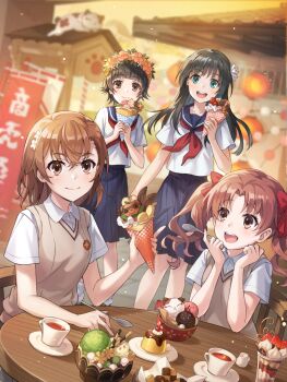 Rule 34 | 4girls, :d, asymmetrical bangs, black hair, blue sailor collar, blue skirt, blurry, blurry background, bow, brown eyes, brown hair, brown sweater vest, cat, collared shirt, crepe, cup, flower, food, hair bow, hair flower, hair ornament, hairpin, head wreath, holding, holding crepe, holding food, holding spoon, ice cream, ice cream crepe, long hair, looking at viewer, misaka mikoto, multiple girls, neckerchief, official art, open mouth, outdoors, parfait, pleated skirt, ragnador, red bow, red neckerchief, sailor collar, sakugawa school uniform, saten ruiko, school emblem, school uniform, serafuku, shirai kuroko, shirt, short hair, short sleeves, skirt, smile, spoon, strawberry parfait, summer uniform, sweater vest, teacup, toaru kagaku no railgun, toaru majutsu no index, tokiwadai school uniform, twintails, uiharu kazari, v-neck, white shirt