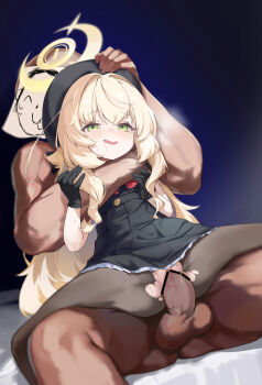 1boy 1girl absurdres bar_censor beret black_hat black_pantyhose blonde_hair blue_archive blush bow bowtie censored clothed_female_nude_male doodle_sensei_(blue_archive) drooling fluffy_hair gloves green_eyes halo hat highres loli long_hair nude open_mouth pantyhose penis professor_niyaniya_(blue_archive) pussy red_bow red_bowtie reverse_cowgirl_position reverse_upright_straddle sensei_(blue_archive) sex sex_from_behind shionji_ax side_ahoge solo_focus straddling testicles torn_clothes vaginal yellow_halo