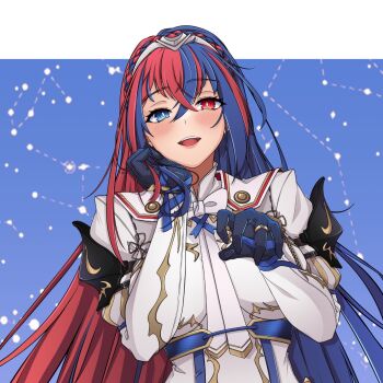 Rule 34 | 1girl, black gloves, blue background, blue eyes, blue hair, blush, bow, bowtie, breasts, bright pupils, buttons, commentary, crossed bangs, double-parted bangs, english commentary, female alear (fire emblem), fire emblem, fire emblem engage, gloves, hair between eyes, hairband, halftone, hand on own cheek, hand on own face, heterochromia, highres, large breasts, long hair, long sleeves, megumo, multicolored hair, nintendo, open mouth, red eyes, red hair, shirt, sidelocks, simple background, solo, split-color hair, straight-on, streaked hair, teeth, tongue, two-tone hair, upper body, upper teeth only, very long hair, white bow, white bowtie, white hairband, white pupils, white shirt