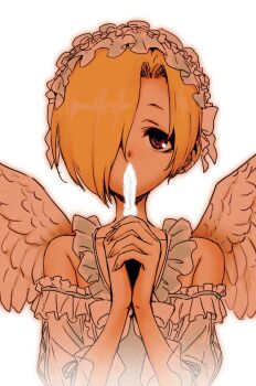 1girl angel_wings blonde_hair brown_eyes dokuromaru feathers frilled_hairband frills hair_over_one_eye hairband highres holding holding_feather idolmaster idolmaster_cinderella_girls own_hands_clasped own_hands_together parody sayonara_wo_oshiete shirasaka_koume simple_background upper_body white_background white_hairband wings