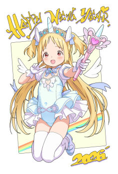 1girl 2026 :d blonde_hair blue_bow blue_bowtie blue_gem blue_leotard blue_shoes blue_skirt bow bowtie breasts cleavage cleavage_cutout clothing_cutout coattails commentary_request covered_navel detached_wings dot_nose fake_horns gem gloves hands_up happy_new_year heart_cutout holding holding_staff horns kneeling layered_skirt legs_together leotard light_blush long_hair looking_at_viewer magical_girl new_year open_mouth original puffy_short_sleeves puffy_sleeves red_eyes shoes short_bangs short_sleeves skirt smile solo staff straight_hair tailcoat thighhighs tiara two_side_up uehara16 unicorn_horn v very_long_hair white_gloves white_skirt white_thighhighs wings