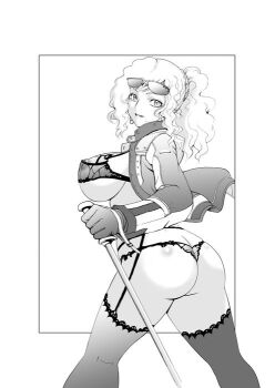 Rule 34 | 1girl, ass, blush, bra, braid, breasts, closed mouth, commentary request, covered erect nipples, earrings, eyewear on head, foot out of frame, from side, garter belt, gloves, huge breasts, jacket, jewelry, kimi wa 008, lady (kimi wa 008), lingerie, lips, long hair, long sleeves, looking at viewer, matsuena shun, monochrome, official art, open clothes, open jacket, panties, pearl earrings, ponytail, smile, solo, standing, sunglasses, t-back, thighhighs, underwear, wavy hair