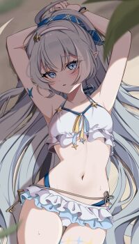 1girl ahoge armpits arms_up bare_arms bare_shoulders bikini bikini_skirt blue_eyes blush breasts collarbone commentary_request dot_nose female_tyrant_(stella_sora) female_tyrant_(swimsuit)_(stella_sora) grey_hair hair_between_eyes hair_ornament hairband highres kano3 key long_hair looking_at_viewer lying navel on_back open_mouth pointy_ears simple_background small_breasts solo star_(symbol) stella_sora swimsuit tyrant_(stella_sora) very_long_hair white_bikini white_hairband wristband yellow_background