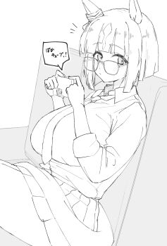 1girl absurdres animal_ears blush bob_cut bow breasts cellphone closed_mouth collared_shirt ear_ornament ear_ribbon glasses highres holding holding_phone horse_ears horse_girl horse_tail inverted_bob large_breasts leaning_back long_sleeves looking_at_viewer monochrome multicolored_hair necktie phone pleated_skirt red-framed_eyewear roots_(hair) school_uniform shirt short_hair simple_background sitting skirt smartphone smile solo tail takapachi.jp transcend_(umamusume) umamusume white_background white_shirt