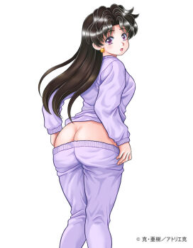 1girl ass black_hair butt_crack clothes_pull earrings from_behind futari_ecchi jewelry katsu_aki long_hair long_sleeves looking_at_viewer looking_back onoda_yura open_mouth pajamas pants pants_pull purple_eyes purple_shirt shirt simple_background solo standing white_background