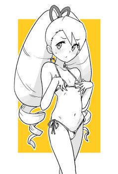 1girl bikini blush bow drill_hair hair_bow heriyama highres loli long_hair luna_platz_(mega_man) mega_man_(series) mega_man_star_force_(series) micro_bikini navel orange_background simple_background sweatdrop swimsuit twin_drills very_long_hair