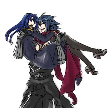 1boy 1girl assassin_cross_(ragnarok_online) black_cape black_pants black_thighhighs blue_dress blue_hair cape carrying commentary_request dress eremes_guile full_body hetero juliet_sleeves long_hair long_sleeves open_mouth pants priest_(ragnarok_online) princess_carry puffy_sleeves purple_eyes ragnarok_online red_scarf scarf simple_background smile thighhighs toriria waist_cape white_background