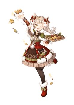 Rule 34 | 1girl, :3, animal ear fluff, animal ears, arm up, arm warmers, artist request, bell, black pantyhose, boots, bracelet, brown bracelet, brown dress, brown hair, brown ribbon, buttons, cat ears, cat girl, chest ribbon, chocolate, christmas, christmas tree, commentary, commentary request, cookie, dress, dress ribbon, english commentary, fang, food, footwear bell, frilled dress, frills, full body, fur-trimmed boots, fur-trimmed dress, fur-trimmed shawl, fur trim, gingerbread man, green dress, green shawl, hair ribbon, highres, holding, holding tray, jewelry, king's raid, korean commentary, layered dress, long hair, mixed-language commentary, multicolored dress, multiple hair ribbons, official alternate costume, official art, one eye closed, open mouth, pantyhose, petticoat, pom pom (clothes), ponytail, red boots, red dress, red ribbon, requina, ribbon, second-party source, shawl, simple background, skin fang, smile, solo, sparkle, standing, standing on one leg, striped ribbon, tray, white background, white fur, yellow eyes