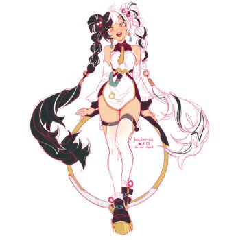 1girl ahoge artist_name bare_shoulders black_hair black_shoes braid braided_twintails chakram china_dress chinese_clothes collarbone commentary detached_sleeves dialyn_(zenless_zone_zero) double_bun dress earrings english_commentary full_body hair_bun hair_extensions hawberries head_tilt jewelry leaning_on_weapon long_hair looking_at_viewer multicolored_hair necktie open_mouth shoes simple_background solo split-color_hair thighhighs weapon white_background white_dress white_hair white_thighhighs wire yellow_eyes yellow_necktie zenless_zone_zero