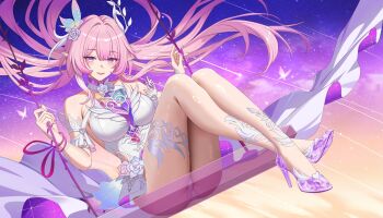 1girl armlet bare_shoulders blush breasts crossed_ankles cyrene_(honkai:_star_rail) cyrene_(ripples_of_past_reverie)_(honkai:_star_rail) dawn02 dress flower hair_flower hair_ornament high_heels highres honkai:_star_rail honkai_(series) jewelry large_breasts long_hair looking_at_viewer on_swing pink_eyes pink_hair pointy_ears purple_flower purple_rose purple_shoes rose second-party_source shoes sidelocks smile solo swing swing_set thighs white_dress