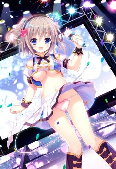 1girl :d absurdres black_hairband blue_eyes blush bow bow_panties braid breasts cameltoe cat_hair_ornament commentary_request crop_top dutch_angle feet_out_of_frame floating_hair from_below grey_hair hair_between_eyes hair_ornament hairband head_tilt highres holding holding_microphone idol looking_at_viewer medium_breasts microphone midriff miniskirt navel one_side_up open_mouth original panties pink_panties pleated_skirt shiwasu_horio short_hair single_braid skirt smile solo stage standing stomach underboob underwear white_skirt wrist_cuffs