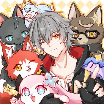 Rule 34 | 1boy, animal, animal ears, animal nose, animalization, aqua eyes, beak, bird, bird wings, black-framed eyewear, black fur, black gloves, black jacket, black swan (honkai: star rail), blue eyes, blue fur, blue veil, bright pupils, brown fur, caelus (honkai: star rail), caelus (vim and vigor) (honkai: star rail), chinese clothes, closed eyes, closed mouth, collarbone, commentary request, dan heng (honkai: star rail), earrings, feathered wings, fingerless gloves, flower, flower ornament, fox, fox ears, fox tail, glasses, gloves, gold earrings, grey hair, hair between eyes, halo, halo behind head, hands up, highres, himeko (honkai: star rail), holding, holding animal, honkai: star rail, honkai (series), hood, hooded jacket, index finger raised, jacket, jewelry, lapels, looking at viewer, march 7th (honkai: star rail), montokusora, multicolored eyes, official alternate costume, one eye closed, open clothes, open jacket, open mouth, open shirt, pink eyes, pink flower, pink fur, purple fur, rabbit, rabbit ears, red fur, red jacket, robin (bird), scarf, shirt, short hair, smile, sparkle, star (symbol), star symbol background, sunday (honkai: star rail), swan, t-shirt, tail, trailblazer (honkai: star rail), two-sided fabric, two-sided jacket, two-tone fur, upper body, veil, welt yang, white background, white fur, white pupils, white scarf, white shirt, wings, wolf, wolf ears, wolf tail, yellow eyes