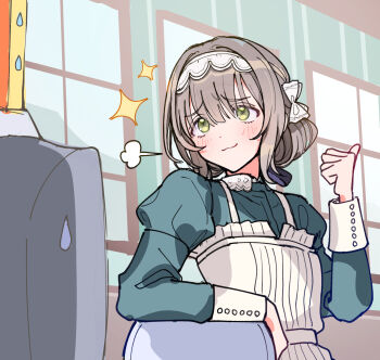 1boy 1girl :3 apron blush closed_mouth dress furrowed_brow gakuen_idolmaster green_dress highres hiwatari_kanae idolmaster ippan_gakumasup long_sleeves maid maid_headdress meme producer_(idolmaster) puffy_sleeves smile smug smug_inori_(meme) white_apron