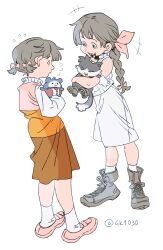 +++ 2girls 4k1030 absurdres bare_shoulders bow braid braided_ponytail brown_hair brown_skirt cait_sith_(final_fantasy) child crossover doujima_nanako final_fantasy final_fantasy_vii final_fantasy_vii_advent_children flying_sweatdrops full_body hair_bow hair_ribbon highres holding holding_toy kuma_(persona_4) long_hair long_sleeves looking_at_another low_twintails marlene_wallace multiple_girls persona persona_4 pink_bow pink_ribbon ribbon short_hair simple_background skirt sleeveless sleeveless_turtleneck socks standing sweater toy turtleneck turtleneck_sweater twintails twitter_username white_background white_skirt white_socks white_sweater