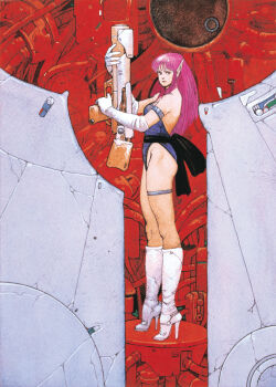 Rule 34 | 1980s (style), 1girl, boots, choker, commentary, concept art, energy gun, english commentary, gloves, high heels, highres, holding, holding energy gun, holding weapon, leotard, looking at viewer, nei, official art, oldschool, painting (medium), phantasy star, phantasy star ii, pointy ears, production art, purple hair, red eyes, retro artstyle, sad, scan, science fiction, third-party source, traditional media, weapon, white boots, white gloves, yoneda hitoshi