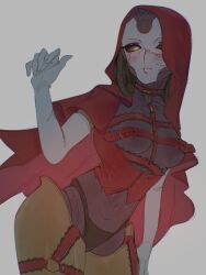 Rule 34 | 1girl, abyuramu yukidaruma, alternate costume, android, apex legends, ash (titanfall 2), breasts, capelet, chest belt, choker, cracked skin, elbow gloves, frilled choker, frills, garter straps, gloves, grey background, highres, hood, hooded capelet, looking down, medium breasts, metal skin, red bodice, red capelet, red choker, simulacrum (titanfall), solo, white gloves