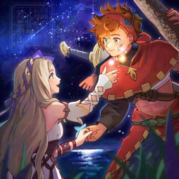 Rule 34 | 1boy, 1girl, bare shoulders, black shirt, blonde hair, blue eyes, blue pants, blurry, blurry foreground, braid, breasts, cape, capelet, closed mouth, commentary request, crop top, detached sleeves, dress, gold trim, grass, hair between eyes, hair ribbon, hairband, healing, hetero, hinna (visions of mana), holding hands, injury, long hair, looking at another, medium breasts, midriff, milky way, open mouth, orange hair, outdoors, pants, parted bangs, purple ribbon, red cape, red capelet, red hairband, ribbon, seiken densetsu, shirt, short hair, side braid, sidelocks, sky, smile, star (sky), starry sky, sword, sword on back, taruneko2006, tree, val (visions of mana), visions of mana, waist cape, weapon, weapon on back, white dress, white sleeves