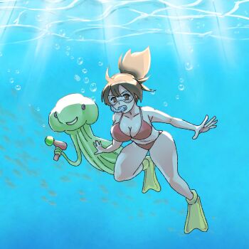 1girl air_bubble alien bardothodol bikini breasts brown_eyes brown_hair bubble cleavage commentary_request diving diving_mask fio_germi flippers freediving goggles highres holding holding_breath large_breasts looking_at_viewer mars_people metal_slug navel ponytail red_bikini smile snorkel submerged swimming swimsuit underwater water_gun