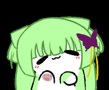 :3 =_= animal_hands animalization animated animated_gif blunt_bangs blunt_ends butterfly_hair_ornament cat chinese_commentary closed_eyes closed_mouth commentary_request fuchuangzi_summerwind green_hair hair_ornament hime_cut light_blush looping_animation meme_request murasame_(senren) no_humans partial_commentary senren_banka sidelocks simple_background transparent_background two_side_up upper_body