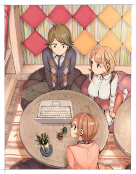 1boy 2girls aikawa_miyuu arms_between_legs barefoot blue_cardigan brown_coat brown_eyes brown_hair cardigan casual coat collared_shirt computer dress_shirt gamon_yuuta green_eyes holster ikeda_keisuke indoors long_hair long_sleeves looking_at_object looking_at_viewer looking_back miniskirt multicolored_coat multiple_girls narusawa_ryouka occultic;nine pantyhose pillow pink_coat pink_skirt science_adventure shirt short_hair shoulder_holster sitting sitting_on_pillow skirt smile table wariza white_pantyhose white_shirt yellow_coat