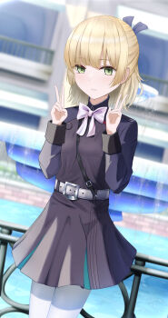1girl absurdres belt black_dress black_shirt black_skirt blonde_hair blunt_bangs blurry blurry_background blush bow bowtie closed_mouth commentary_request cowboy_shot double_v dress green_eyes hair_bow hair_ribbon half_updo hands_up heaven_burns_red highres ipustahc long_sleeves looking_at_viewer nanase_nanami_(heaven_burns_red) outdoors pantyhose railing ribbon shirt short_hair skirt smile solo standing v white_belt white_bow white_bowtie white_pantyhose