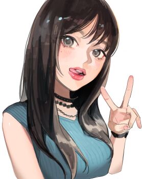 1girl absurdres blue_shirt blush bracelet breasts brown_hair commentary fingernails hair_between_eyes head_tilt highres jewelry long_hair looking_at_viewer medium_breasts mole mole_under_eye multiple_necklaces necklace open_mouth original pink_lips portrait ribbed_shirt seto_jiro shirt simple_background solo symbol-only_commentary teeth thick_lips tongue tongue_out upper_body v v-neck white_background