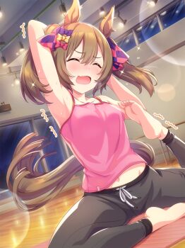 1girl ^_^ absurdres animal_ears armpits arms_behind_head arms_up barefoot black_pants blush breasts brown_hair camisole card_commentary closed_eyes collarbone commentary drawstring dutch_angle fang feet frown game_asset groin hair_ornament hair_ribbon highres horse_ears horse_girl horse_tail indoors lens_flare medium_hair midriff midriff_peek navel official_art on_floor open_mouth pants pigeon_pose pink_camisole pink_ribbon ribbon school_gym sitting skin_fang small_breasts smart_falcon_(almost..._an_umadol?!_<3)_(umamusume) smart_falcon_(umamusume) soles solo sparkle stretching sweat sweatdrop tail third-party_source toes trembling twintails umamusume water_drop window wooden_floor yoga yoga_mat yoga_pants
