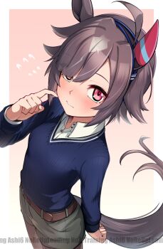 1girl ahoge animal_ears ashiroku_(miracle_hinacle) believe_(umamusume) belt blue_sweater blush breasts brown_belt brown_hair closed_mouth collared_shirt ear_covers grey_shorts hair_between_eyes hairband highres horse_ears horse_girl horse_tail long_sleeves looking_at_viewer multicolored_hair purple_eyes shirt short_hair shorts single_ear_cover small_breasts solo sweater tail umamusume white_hair