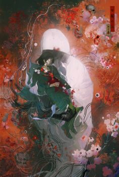 1girl absurdres black_hair black_sailor_collar black_serafuku black_shoes bleeding blood commentary_request flower highres li_cheng_(woshilicheng) sailor_collar school_uniform serafuku shimizu_hinako shiromuku_(silent_hill) shoes silent_hill_(series) silent_hill_f skeleton spider_lily white_flower