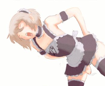 1boy anal androgynous animated animated_gif blush bottomless bouncing_penis crossdressing crossdressing_(mtf) cum ejaculating_while_penetrated ejaculation lowres maid male_focus male_maid male_penetrated penis po-ju saliva sex shota solo thighhighs uncensored white_background yaoi