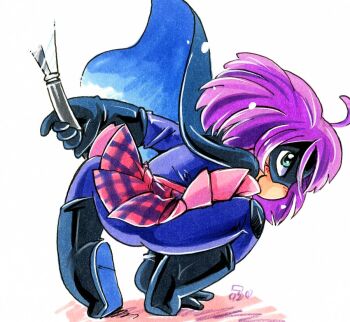1girl ahoge ass black_boots black_cape black_gloves black_mask blue_eyes blush bodysuit boots cape from_behind gloves hit-girl holding holding_knife hoshino_fuuta kick-ass knee_pads kneehighs knife loli mask pink_skirt plaid_clothes plaid_skirt purple_bodysuit purple_hair short_hair skirt smile socks spread_legs squatting superhero_costume superhero_landing wind wind_lift