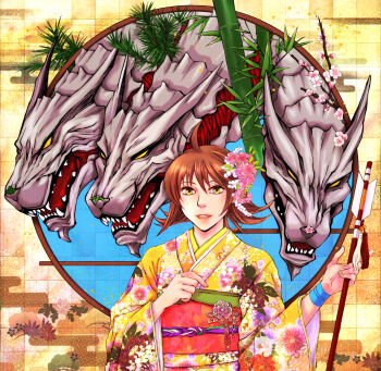1girl ahoge arrow_(projectile) bamboo brown_hair cerberus_(ff8) cherry_blossoms chinese_zodiac commentary_request d-maker final_fantasy final_fantasy_viii floral_print floral_print_kimono flower flower_on_nose green_eyes hair_between_eyes hair_flower hair_ornament holding holding_arrow japanese_clothes kimono monster obi parted_lips pink_flower print_kimono sash selphie_tilmitt short_hair smile upper_body wristband year_of_the_dog yellow_eyes yellow_kimono