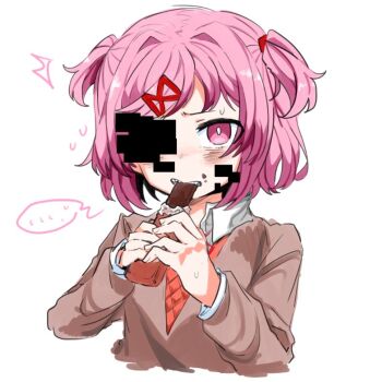 ... 1girl ^^^ biting blazer blush bob_cut bow bowtie breasts bright_pupils brown_jacket candy candy_bar chocolate collared_shirt commentary cropped_torso doki_doki_literature_club dress_shirt eating flying_sweatdrops food food_on_face furrowed_brow glitch hair_ornament hair_ribbon holding holding_candy holding_chocolate holding_food jacket korean_commentary looking_at_viewer natsuki_(doki_doki_literature_club) neck_ribbon orange_sweater_vest pink_eyes pink_hair red_bow red_bowtie red_ribbon ribbon school_uniform shirt short_hair simple_background small_breasts solo speech_bubble spoken_ellipsis sweatdrop sweater_vest ting_mong two_side_up upper_body white_background white_shirt x_hair_ornament