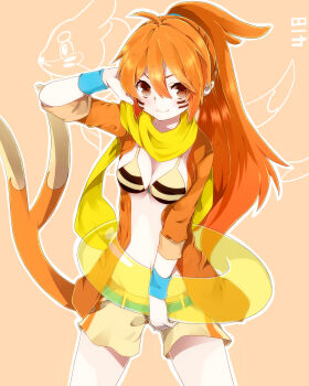 1girl bikini bikini_top_only breasts brown_eyes brown_hair buizel cowboy_shot creature_and_personification facial_mark female_focus gen_4_pokemon highres innertube long_hair looking_at_viewer multiple_tails nintendo orange_hair personification pokedex_number pokemon ponytail scarf shorts smile solo striped_bikini striped_clothes swim_ring swimsuit tail takeshima_eku yellow_scarf