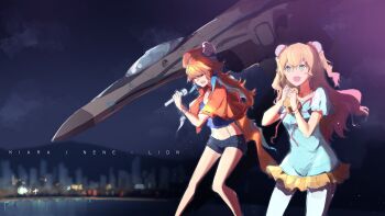 2girls bubba_(watson_amelia) character_name commentary crossover english_commentary closed_eyes gerwalk green_eyes highres holding holding_microphone hololive hololive_english leaning_back lion_(macross_frontier) macross macross_frontier macross_frontier:_itsuwari_no_utahime mecha microphone midriff momosuzu_nene multiple_girls music orange_hair robot singing song_name suiiryu takanashi_kiara vf-25 virtual_youtuber