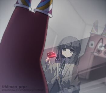 1girl artist_self-insert banban_(garten_of_banban) black_ribbon black_skirt brown_cardigan brown_eyes brown_hair card cardigan closed_mouth collared_shirt doorway garten_of_banban glowing hat highres holding holding_card id_card indoors kiman long_sleeves medium_hair neck_ribbon original party_hat reflection ribbon runaway_girl_(kiman) shirt skirt solo spot_color tongue tongue_out white_bag white_shirt wide-eyed window