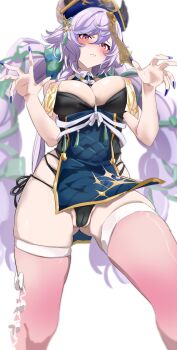 1girl absurdres bare_shoulders black_panties blue_dress blue_nails blush bow_legwear braid breast_curtains breasts cameltoe dress fingernails gradient_legwear granblue_fantasy highres jiangshi jiangshi_costume large_breasts long_hair looking_at_viewer low_twin_braids low_twintails nail_polish ofuda ofuda_on_head panties purple_hair red_eyes ry_(mmm_st_bbb2) satyr_(granblue_fantasy) sharp_fingernails simple_background solo twin_braids twintails underwear very_long_fingernails white_background