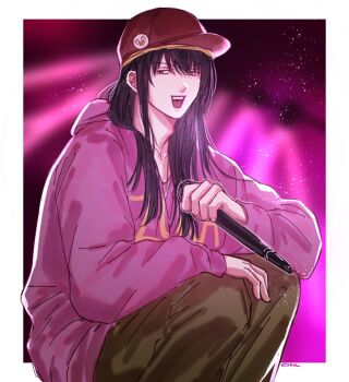 1boy :d baseball_cap black_hair brown_pants ena33333333 feet_out_of_frame gintama hair_between_eyes hashtag-only_commentary hat highres holding holding_microphone hood hood_down hoodie katsura_kotarou long_hair long_sleeves looking_at_viewer male_focus microphone official_alternate_costume open_mouth pants pink_hoodie red_hat signature smile solo squatting teeth upper_teeth_only