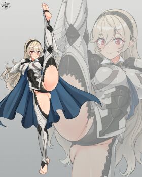 1girl black_hairband blue_cape cape commentary english_commentary female_corrin_(fire_emblem) fire_emblem fire_emblem_fates hair_between_eyes hairband highres jarckius long_hair looking_at_viewer nintendo pointy_ears red_eyes smile solo split standing standing_on_one_leg standing_split