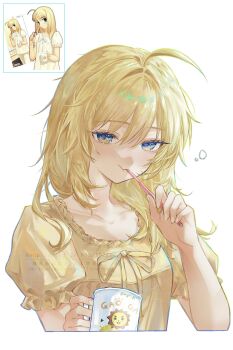 1girl absurdres ahoge artoria_pendragon_(fate) blonde_hair blue_eyes brushing_teeth commentary cropped_torso cup fate/stay_night fate_(series) highres holding holding_cup long_hair looking_at_viewer nigiri pajamas puffy_short_sleeves puffy_sleeves reference_inset saber_(fate) short_sleeves simple_background solo symbol-only_commentary toothbrush toothbrush_in_mouth twitter_username watermark white_background yellow_pajamas