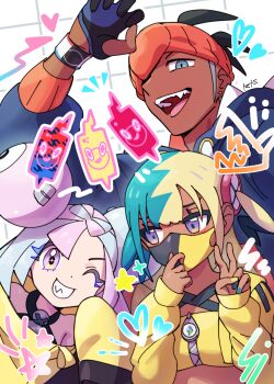 1boy 2girls :d bandeau bow-shaped_hair canari_(pokemon) character_hair_ornament criss-cross_halter criss-cross_straps dark-skinned_male dark_skin dynamax_band gen_4_pokemon gloves grin hair_ornament halterneck headband heart highres hood hoodie iono_(pokemon) jacket long_sleeves mask mouth_mask multicolored_hair multiple_girls nail_polish nintendo one_eye_closed open_mouth orange_headband partially_fingerless_gloves pokemon pokemon_legends:_z-a pokemon_sv pokemon_swsh purple_eyes raihan_(pokemon) revision rotom rotom_phone smile teeth tomatomi tongue trait_connection two-tone_hair upper_teeth_only white_background yellow_bandeau yellow_jacket zipper zipper_pull_tab