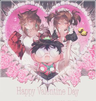 Rule 34 | 1boy, 1girl, apron, ayase momo, black choker, black dress, black hair, blush, bow, bowtie, box, brown eyes, brown hair, choker, commentary, couple, crossed bangs, dandadan, de557777, dress, earrings, flower, fur-trimmed jacket, fur trim, gift, glasses, hair between eyes, happy valentine, heart, heart-shaped box, hetero, highres, holding, holding box, holding gift, jacket, jewelry, maid, maid apron, maid headdress, multiple views, official alternate costume, open clothes, open jacket, open mouth, pink bow, pink bowtie, pink flower, pink rose, puffy short sleeves, puffy sleeves, red jacket, rose, round eyewear, short sleeves, takakura ken (dandadan), twintails, untranslatable commentary, v-neck, valentine, white apron, white dress