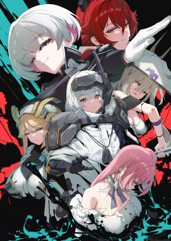 Rule 34 | 6+girls, absurdres, ahoge, armored bodysuit, bare shoulders, blonde hair, blue eyes, blush, breasts, cleavage, cloak, closed mouth, commentary, dog tags, dorothy (nikke), earrings, english commentary, expressionless, gloomyowl, gloves, goddess (nikke), goddess of victory: nikke, grey hair, hair between eyes, hat, head-mounted display, highres, jewelry, large breasts, large hat, liliweiss (nikke), long hair, long sleeves, looking at viewer, looking down, multiple girls, nun, pink hair, rapunzel (nikke), red hair, red hood (nikke), sad, scarlet (nikke), short hair, sideboob, sidelocks, single earring, smile, snow white (nikke), symbol-shaped pupils, white cloak, white gloves, white hair, yellow eyes